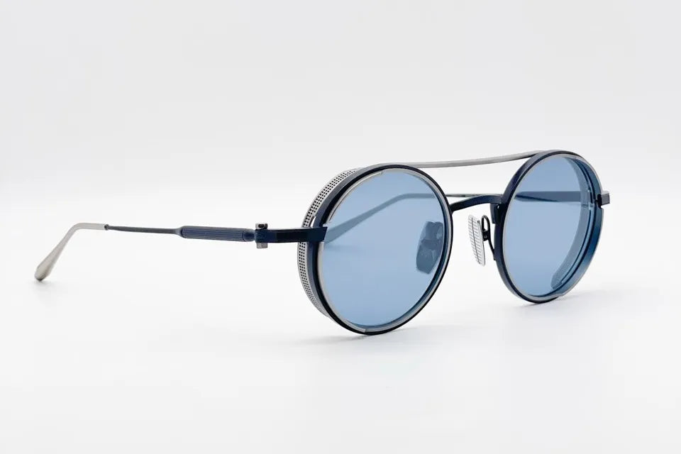 Akoni Eris Blue Silver Sunglasses front and side view